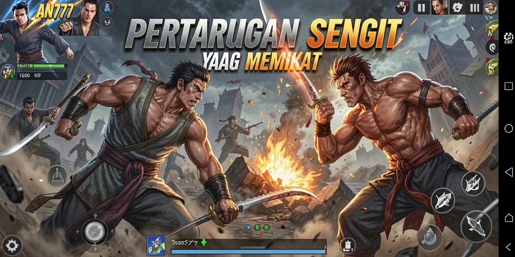 Tampilan screen AN777 yang menampilkan aksi pertarungan mendebarkan.