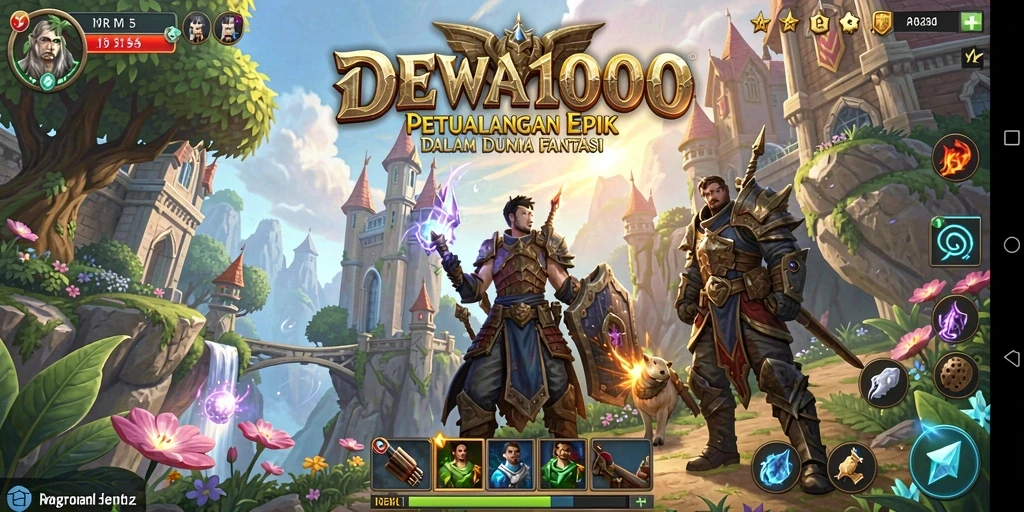 Screenshot utama DEWA1000 dengan aksi pertempuran RPG yang intens.