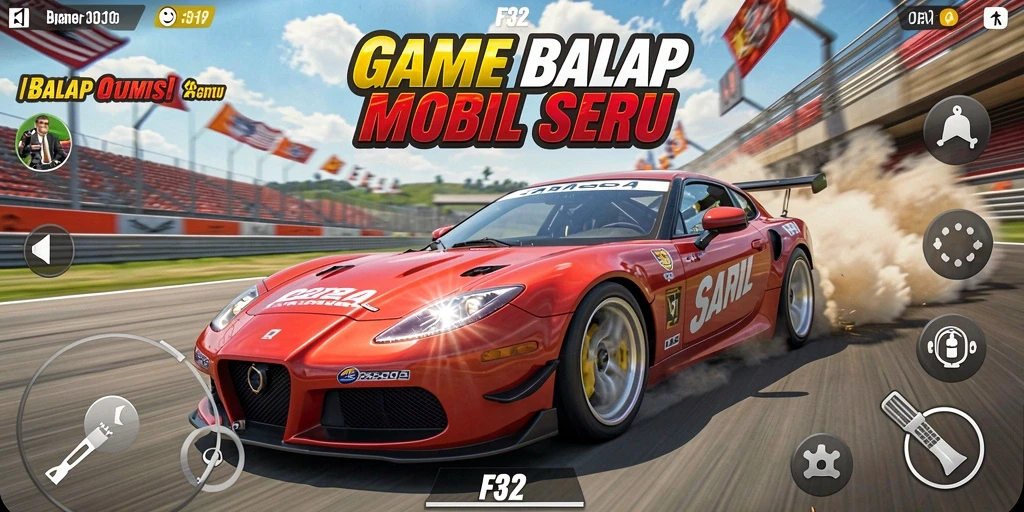 Screenshot dari gameplay seru di F32 yang menunjukkan aksi balap yang intens.