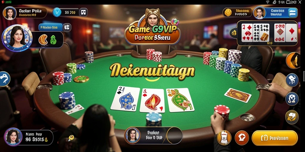 Tampilan permainan G9VIP dengan antarmuka yang menarik dan gameplay poker yang mendebarkan.