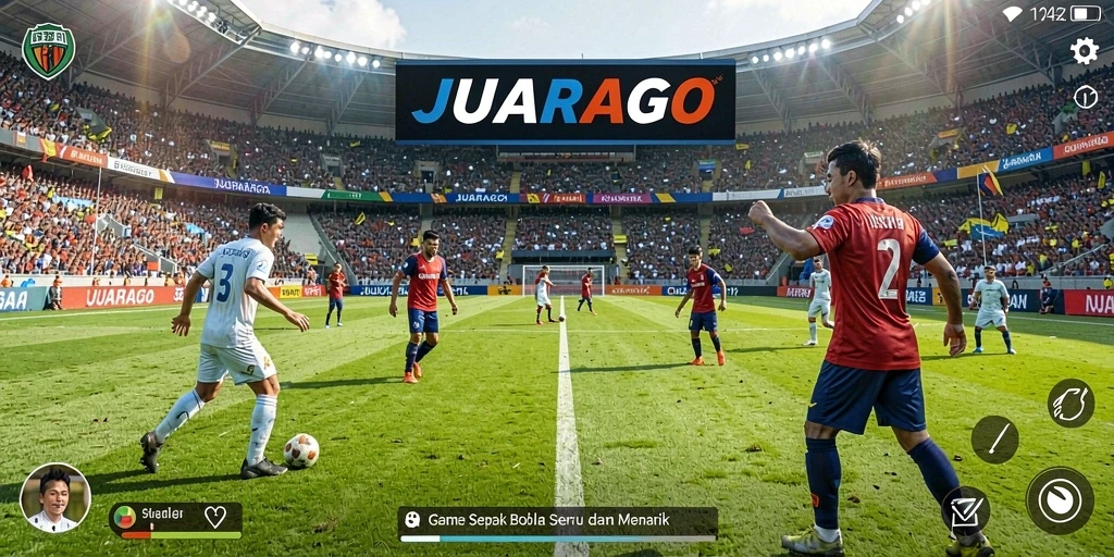 Tangkapan layar utama JUARAGO menunjukkan aksi seru di lapangan sepak bola.
