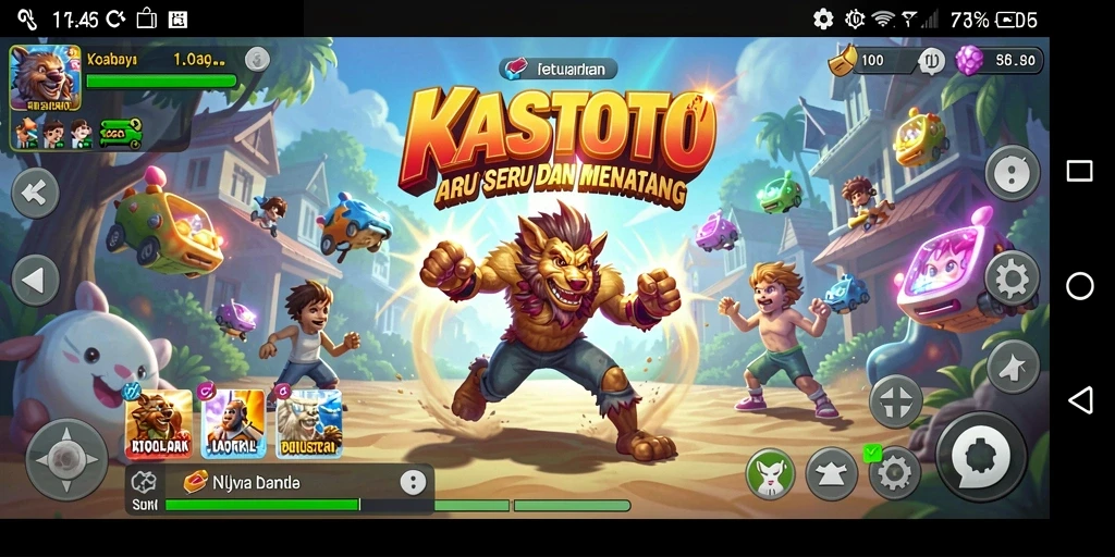 Tampilan gameplay KASTOTO dengan karakter berpetualang dan rintangan menarik.