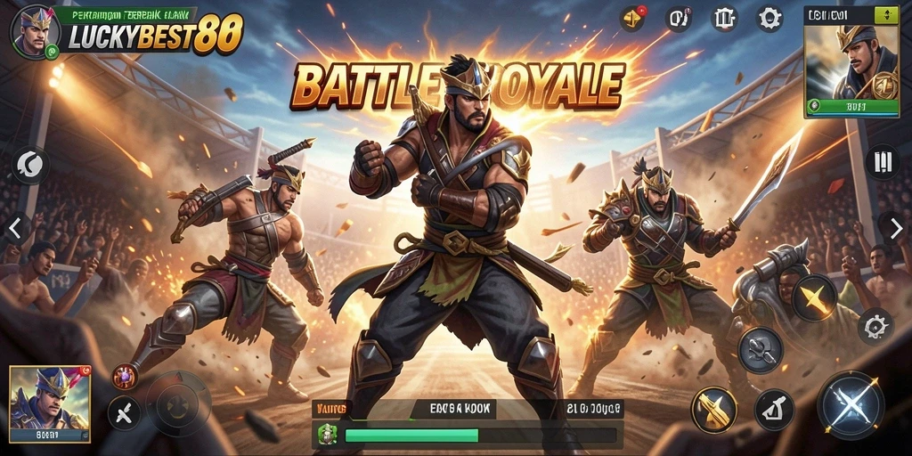 Screenshot menunjukkan aksi intens dalam LUCKYBEST88 Battle Royale.