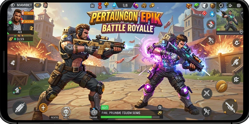 Screenshot utama MAMIBET menampilkan aksi pertempuran Battle Royale yang intens.