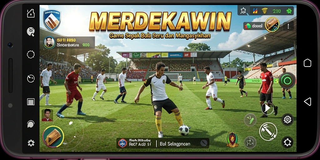 Screenshot gameplay MERDEKAWIN menampilkan aksi seru di lapangan sepak bola.