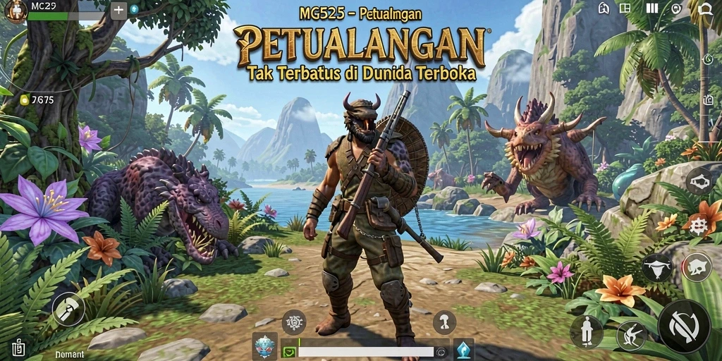 Tangkapan layar utama MG525 menampilkan aksi petualangan di dunia terbuka yang kaya.
