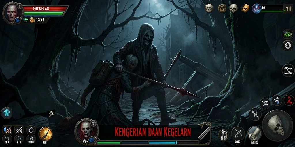 Tampilan gameplay V98 yang menakutkan dengan suasana misterius.