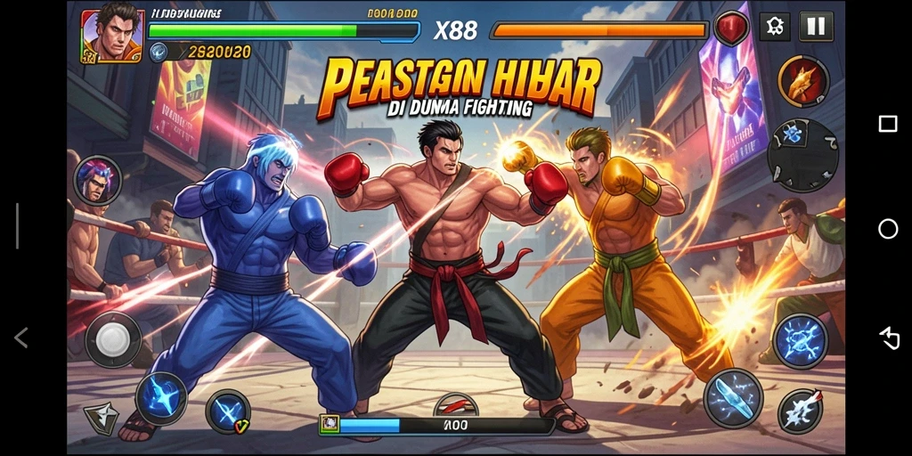 Screenshot X88 menampilkan aksi pertarungan yang mendebarkan dengan karakter unik.